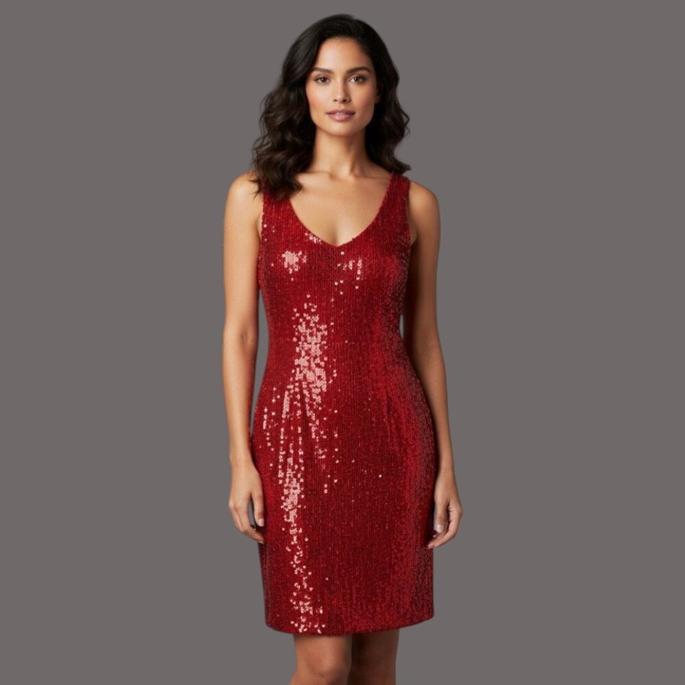 Vintage Red Sequin & Silk Sleeveless Dress Womens Size Medium Cocktail Party